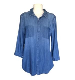 Simi Sue Chambray Button Down Shirt Blue Denim Look 3/4 Sleeve Women’s Large